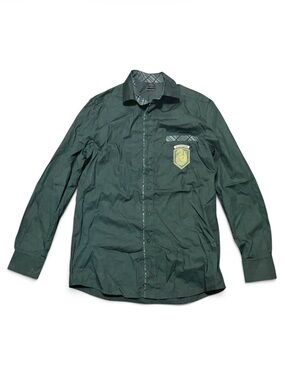 Universal Studios Harry Potter Slytherin Crest Green Plaid-Trim Button-Up Shirt